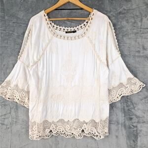 Womens Top Large Boho Crochet Peasant Cold Shoulder Feminine Cottagecore Floral‎